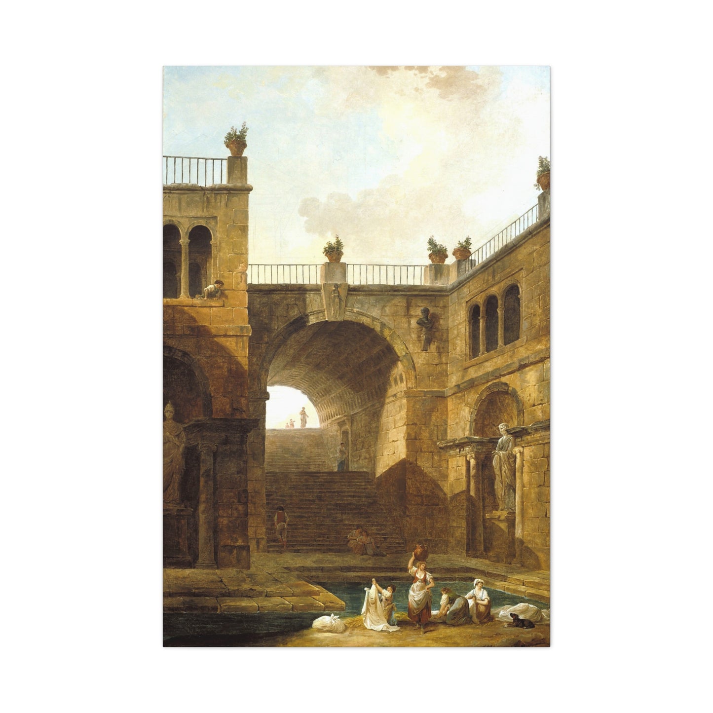 Architectural Scene with Women Washing Clothes at a Pool - Canvas Wrap