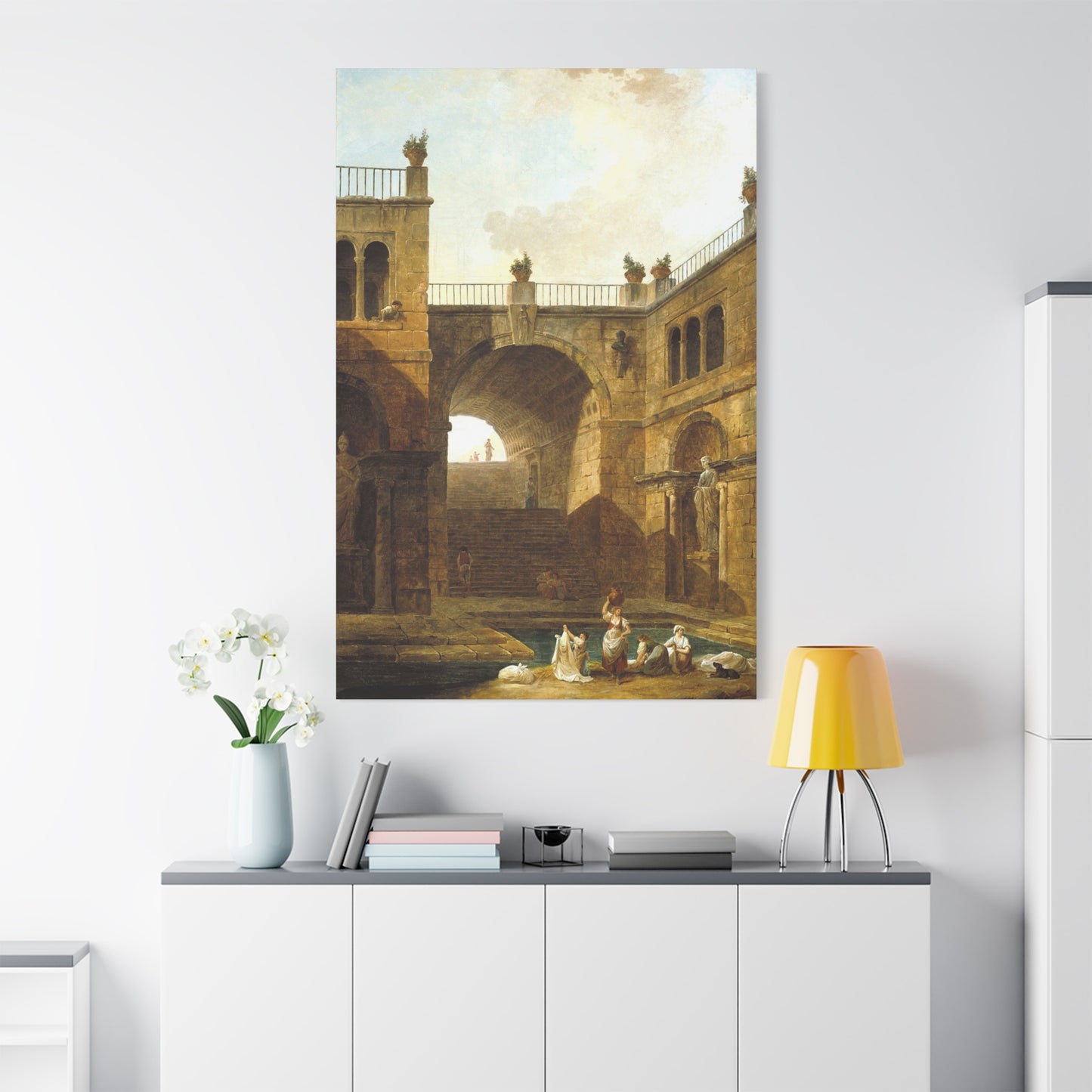 Architectural Scene with Women Washing Clothes at a Pool - Canvas Wrap