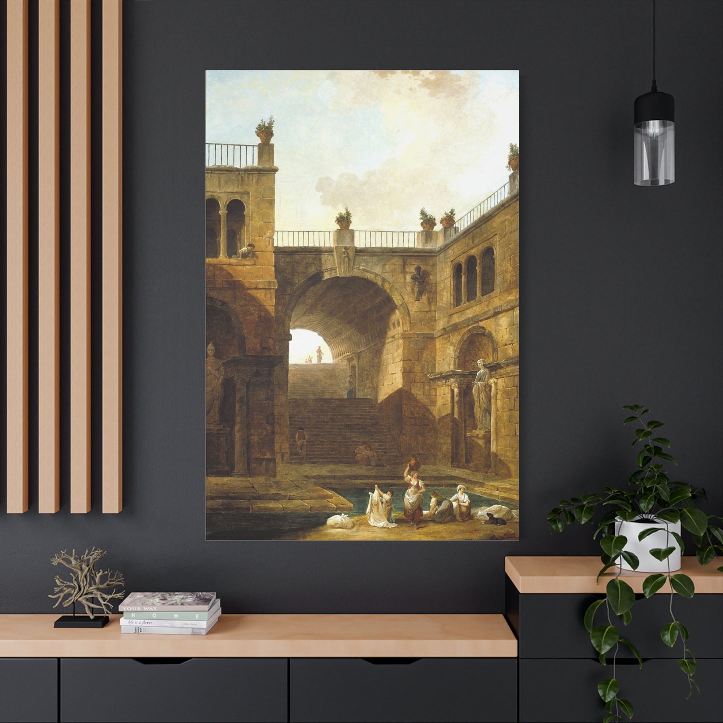 Architectural Scene with Women Washing Clothes at a Pool - Canvas Wrap