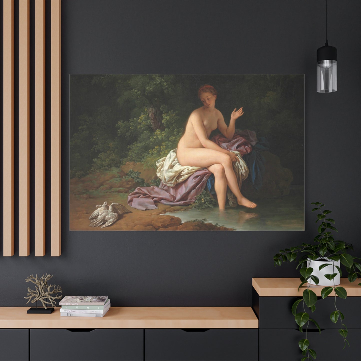 A Lady Bathing by a River, With Two Turtledoves - Canvas Wrap