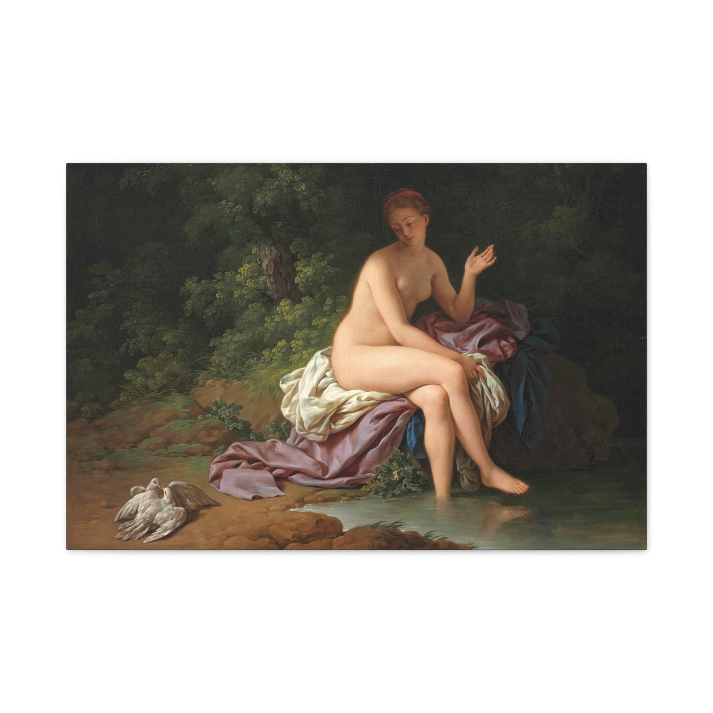 A Lady Bathing by a River, With Two Turtledoves - Canvas Wrap