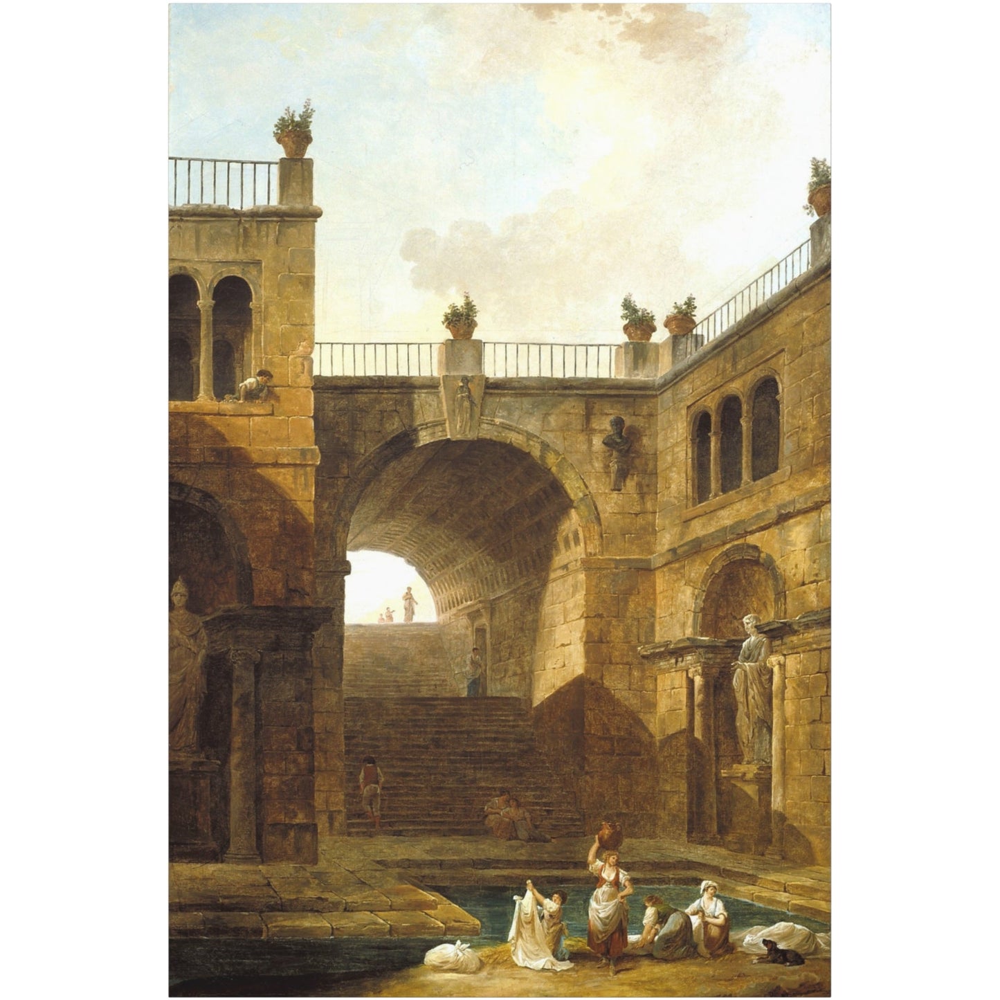 Architectural Scene with Women Washing Clothes at a Pool - Canvas Wrap
