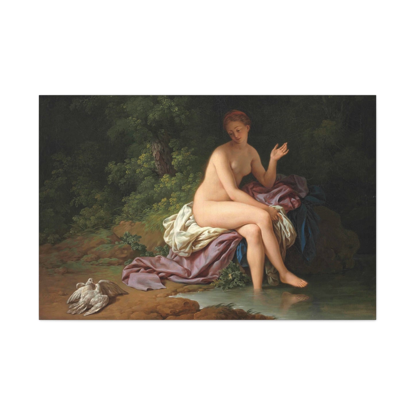 A Lady Bathing by a River, With Two Turtledoves - Canvas Wrap