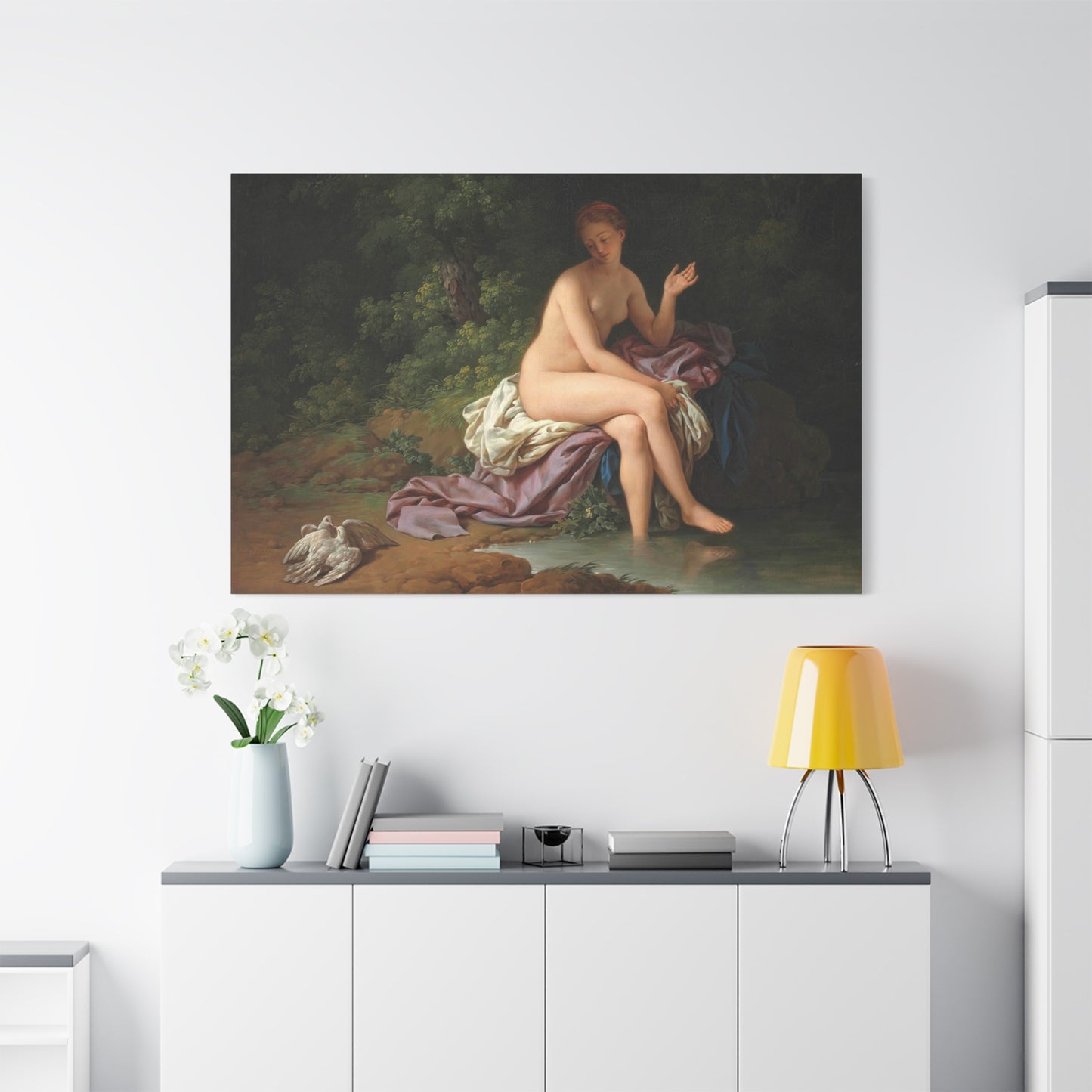 A Lady Bathing by a River, With Two Turtledoves - Canvas Wrap