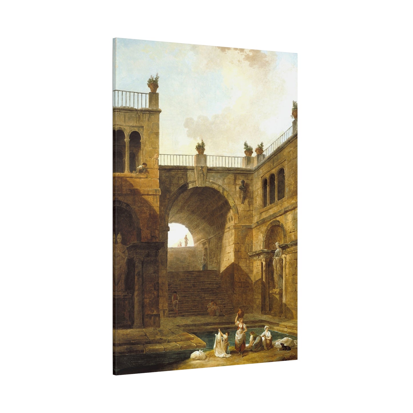 Architectural Scene with Women Washing Clothes at a Pool - Canvas Wrap