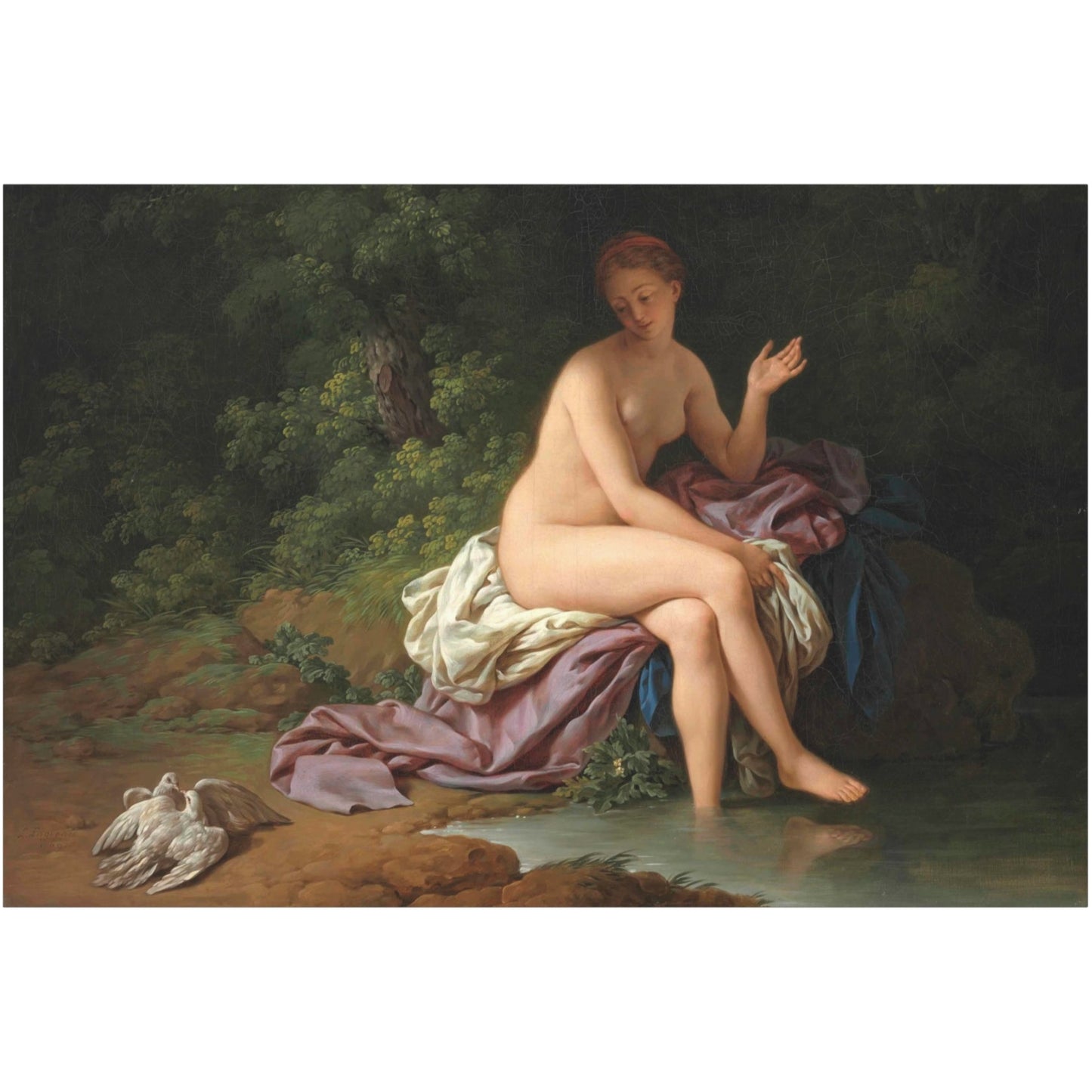 A Lady Bathing by a River, With Two Turtledoves - Canvas Wrap