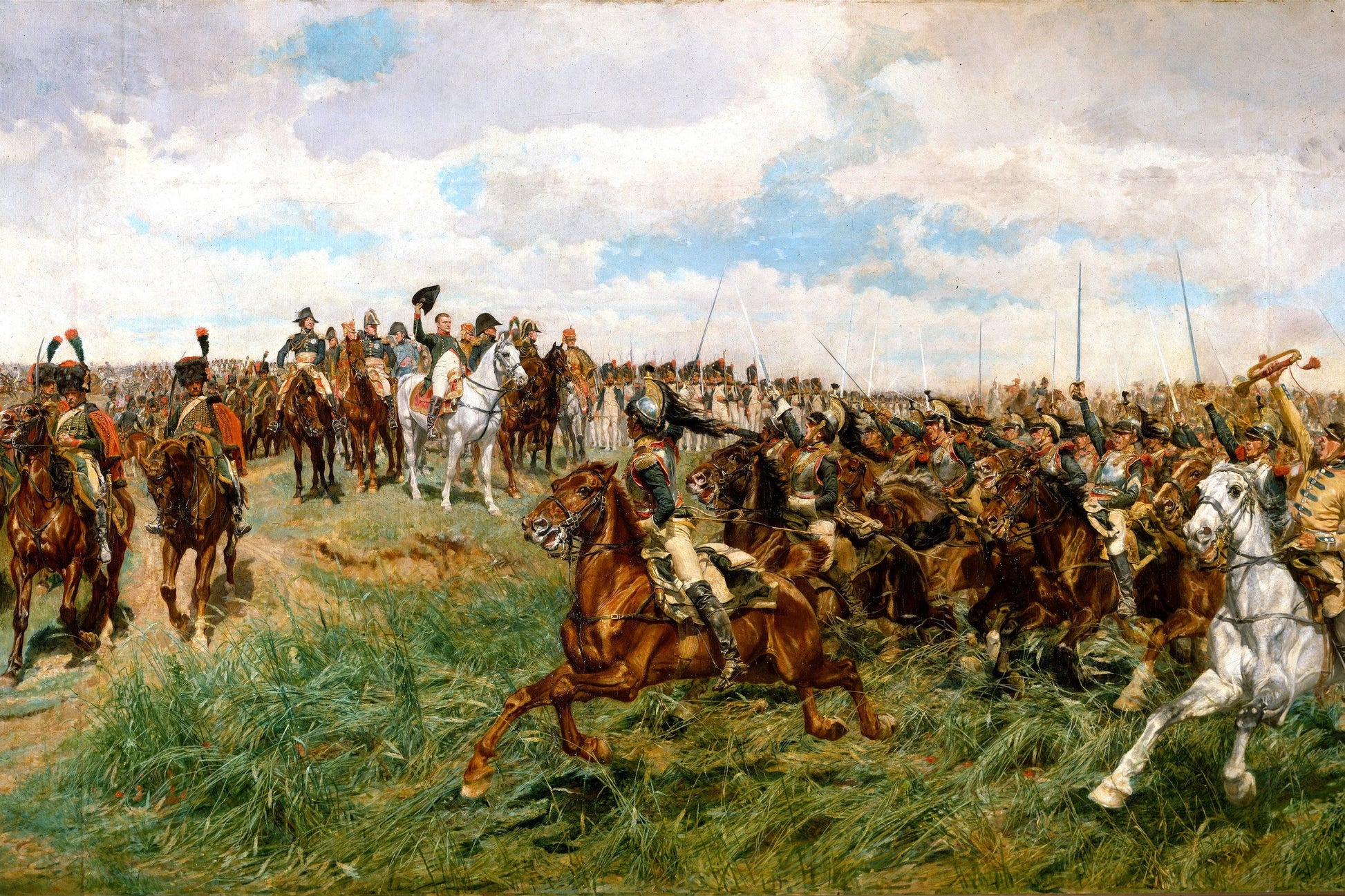 Painting of a historical battle scene with soldiers on horseback and foot, under a cloudy sky.