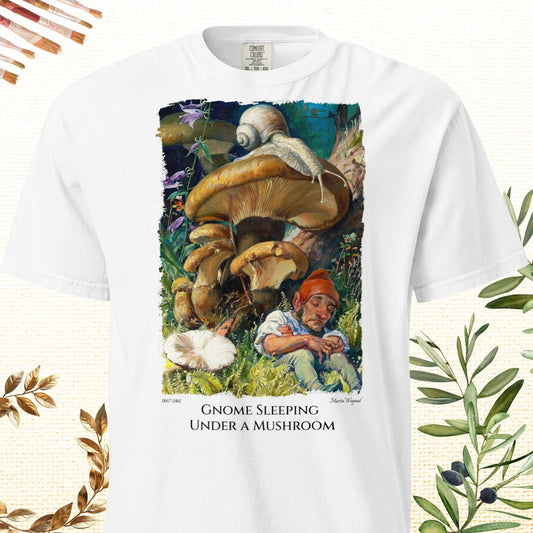 Gnome Sleeping Under a Mushroom - Fine Art T-Shirt