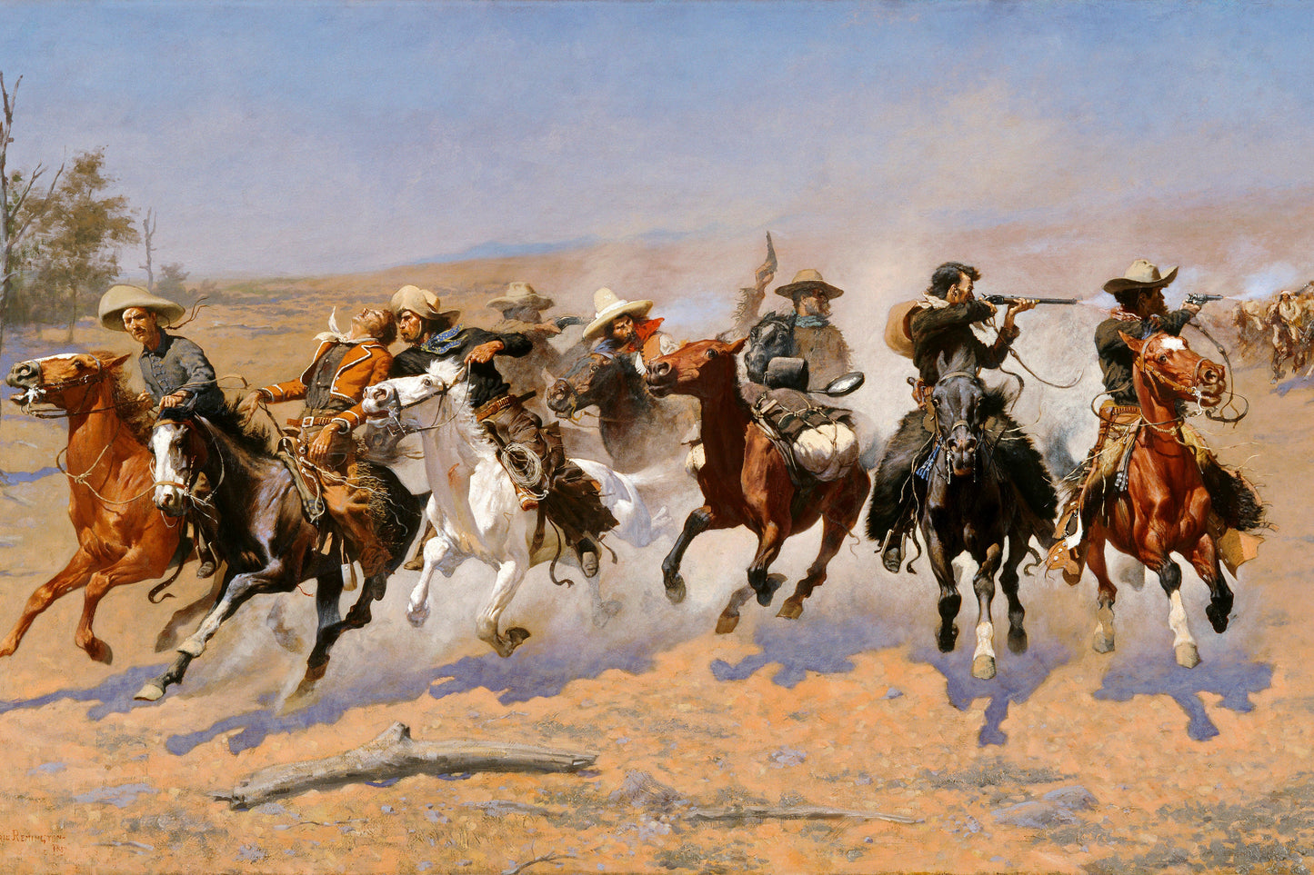 Painting of cowboys on horseback chasing a stampede of cattle in a desert landscape.