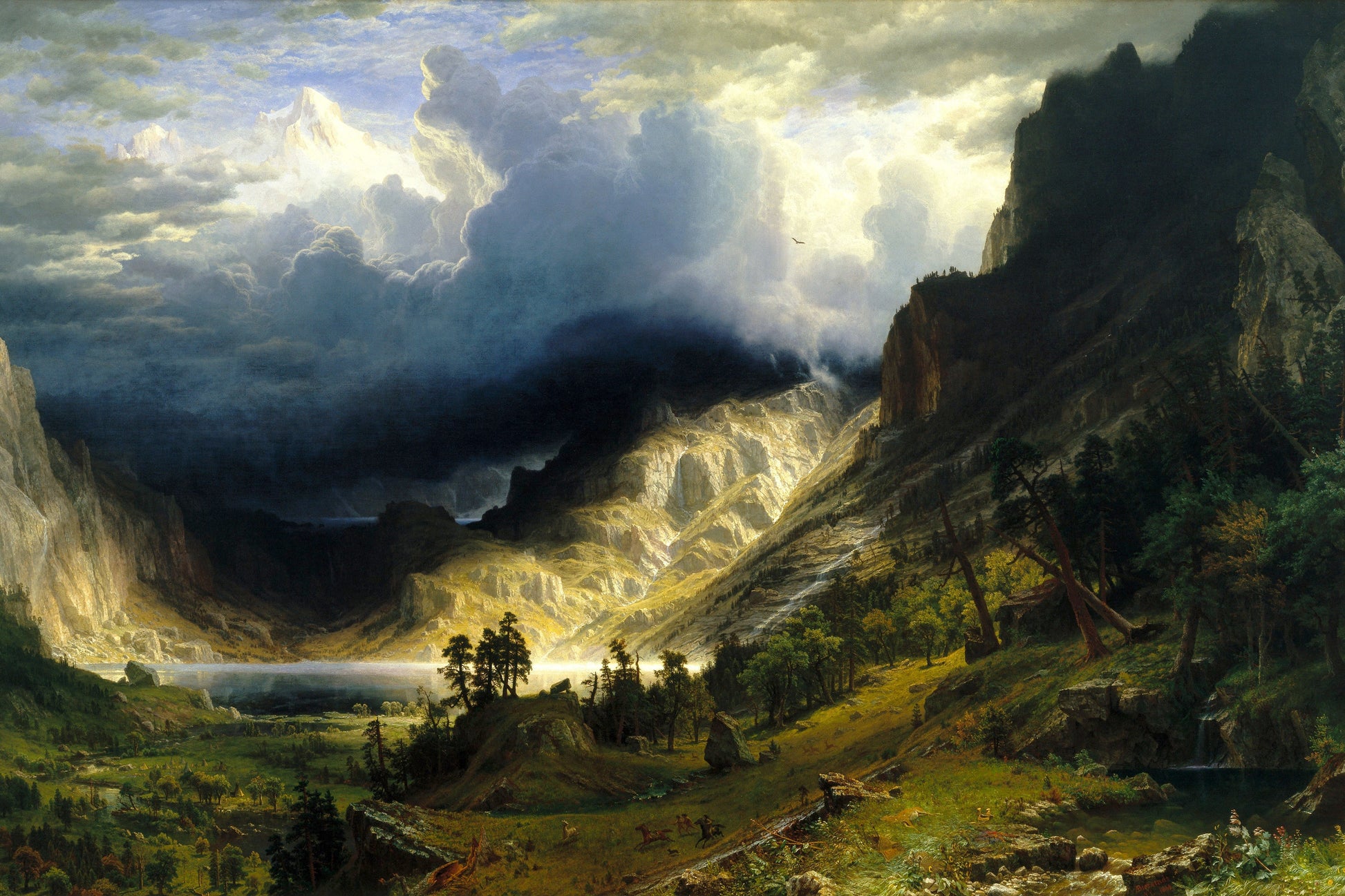 Majestic mountain landscape with a dramatic sky, featuring a valley and trees.