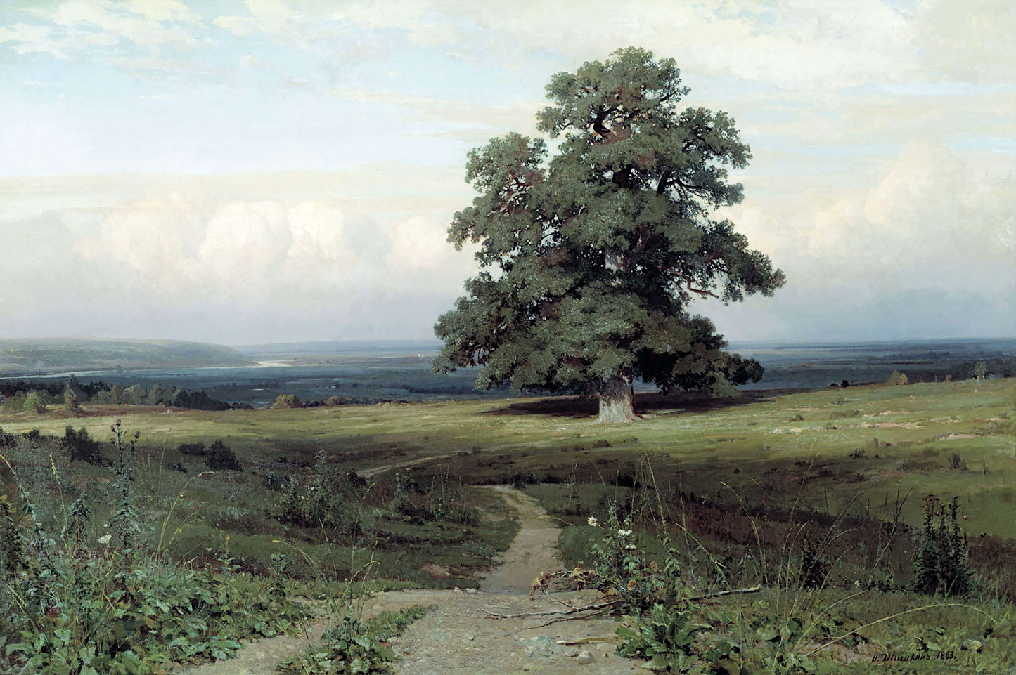 Landscape painting of a large tree on a grassy hill with a path leading towards it.