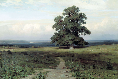 Landscape painting of a large tree on a grassy hill with a path leading towards it.