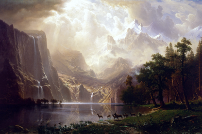 Majestic mountain landscape with a lake and animals, featuring a prominent waterfall.
