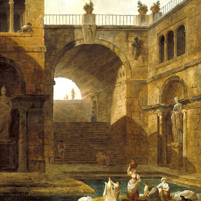 Architectural Scene with Women Washing Clothes at a Pool - Canvas Wrap