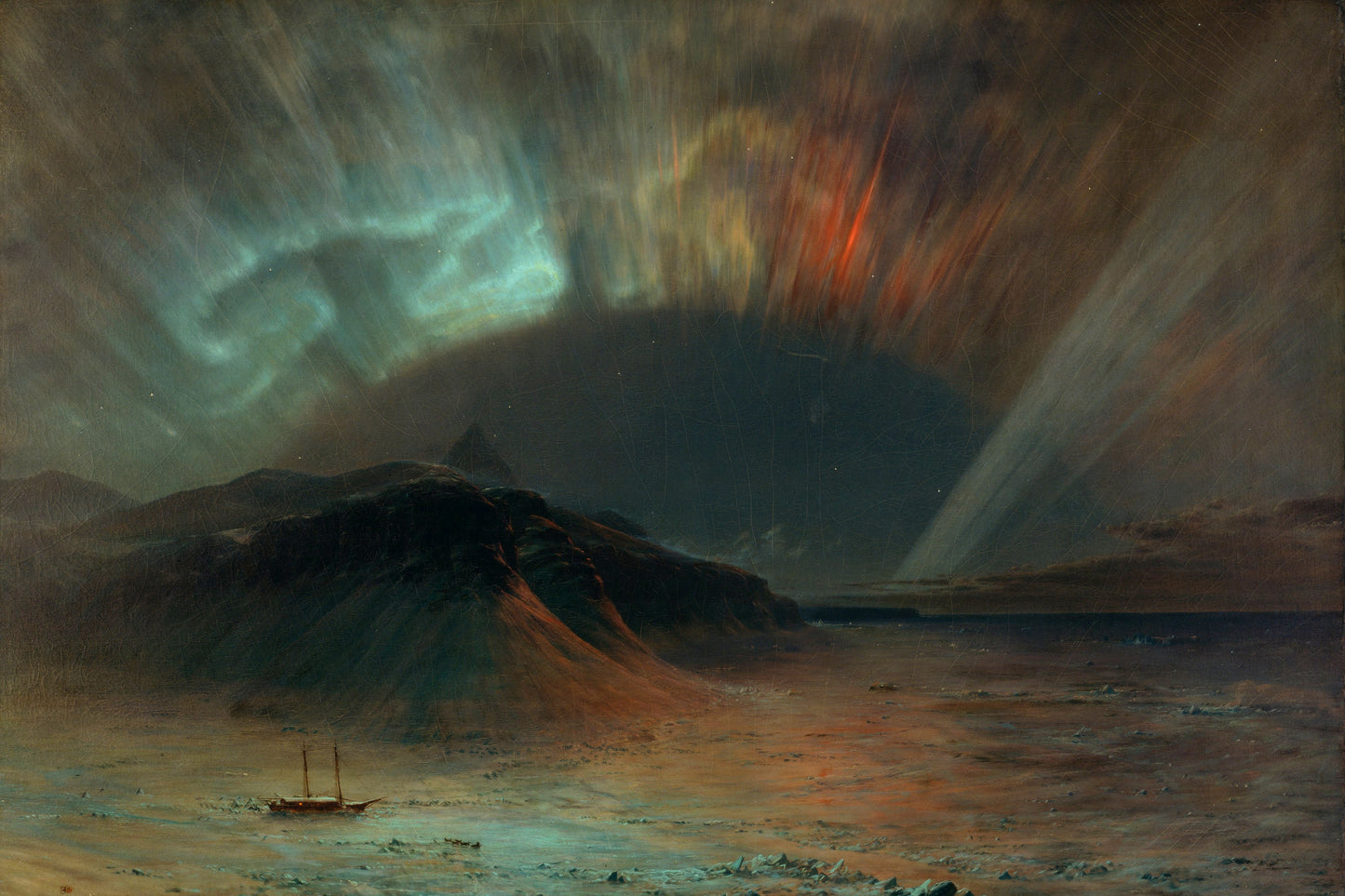 Painting of a ship in a stormy sea with a dramatic sky featuring auroras.