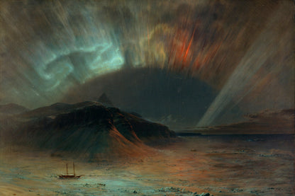 Painting of a ship in a stormy sea with a dramatic sky featuring auroras.