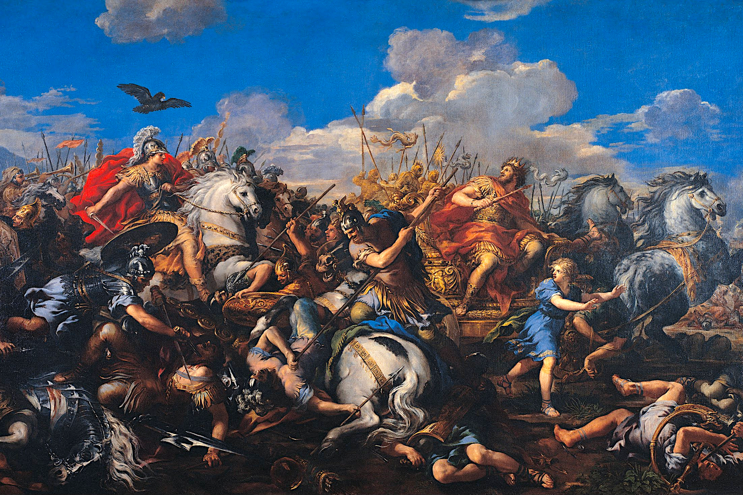 Mural painting depicting a chaotic battle scene with figures and horses against a blue sky.