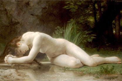 Nude figure by a stream in a natural setting