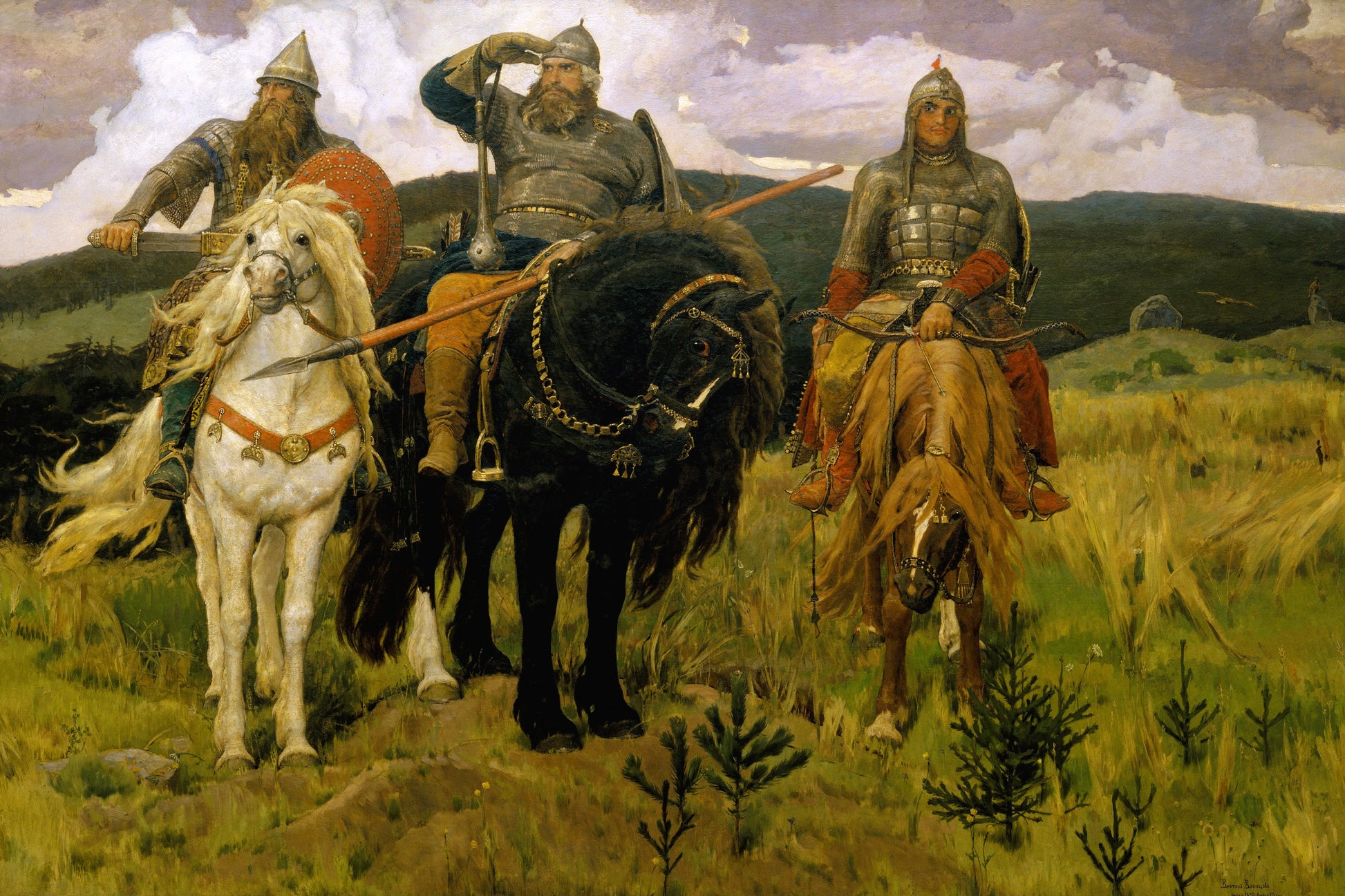 Painting of three armored figures on horseback in a landscape