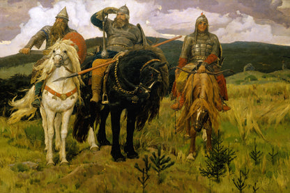 Painting of three armored figures on horseback in a landscape