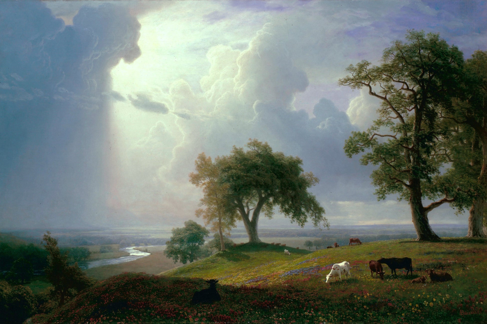 Landscape painting with trees, animals, and a stormy sky.
