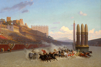 Historical painting of a chariot race in an ancient stadium with spectators and chariots.