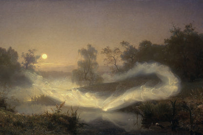 Landscape painting of a moonlit night with trees and water.