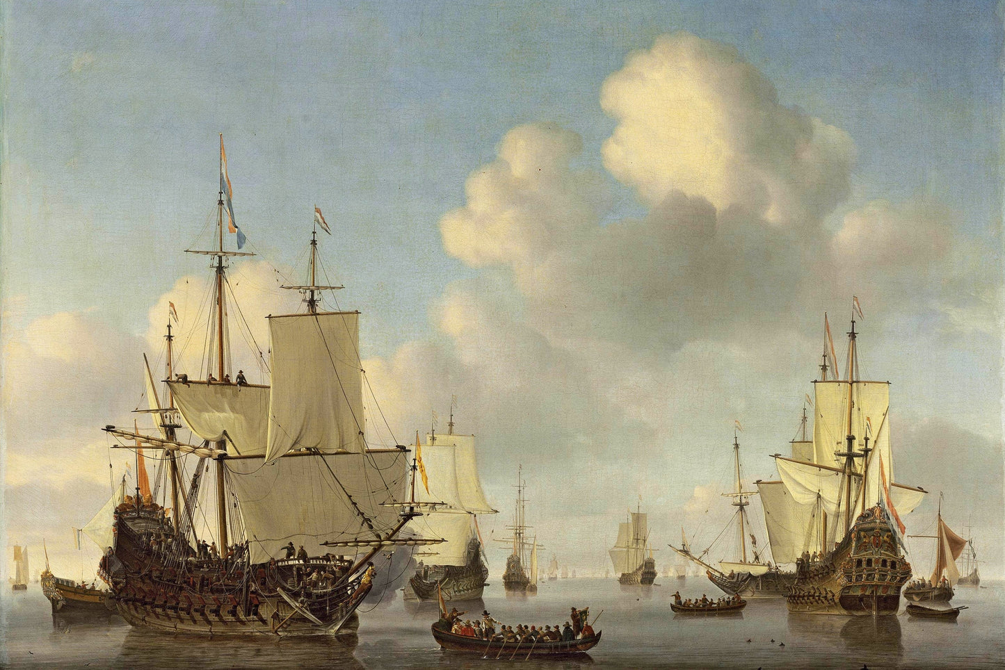 Historical painting of a naval battle with ships on the water under a cloudy sky.