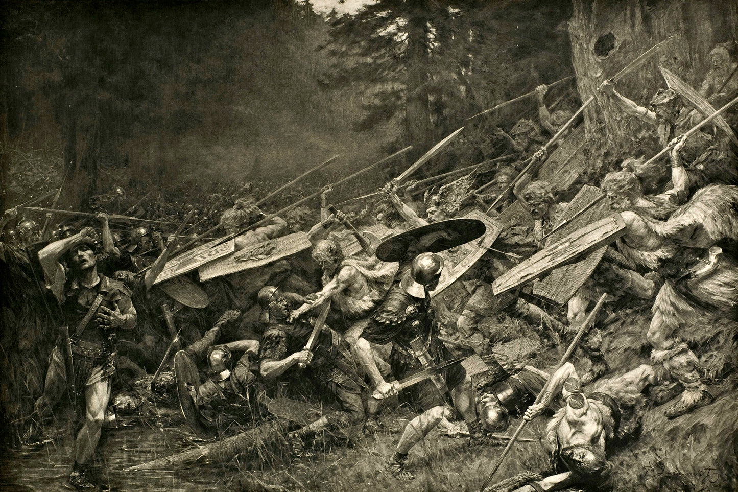 Historical battle scene with soldiers in armor and shields in a forest setting