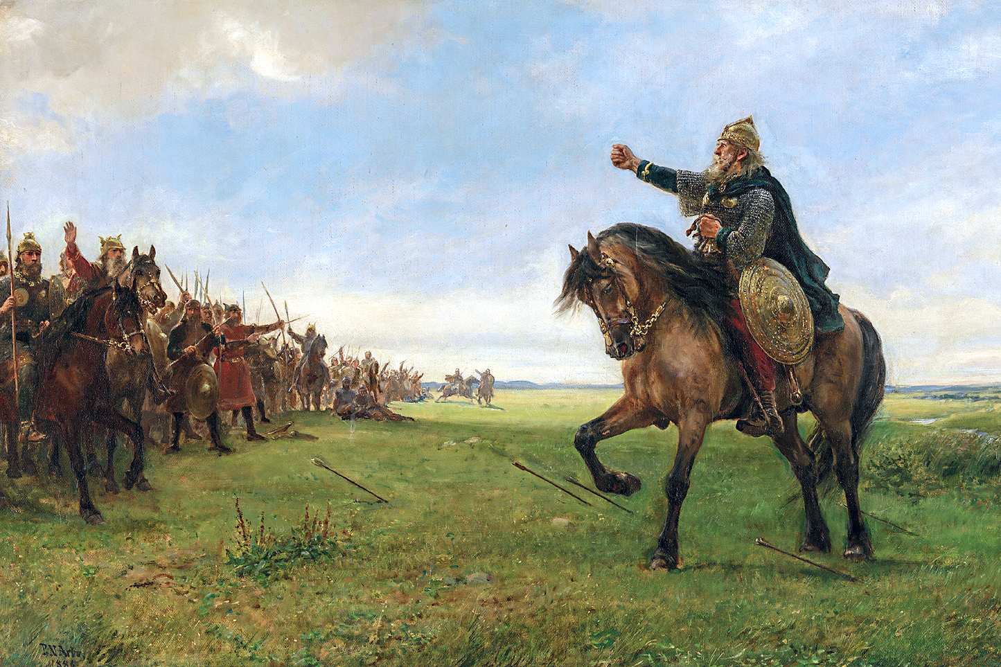 Painting of a warrior on horseback addressing his troops in a field with a blue sky.