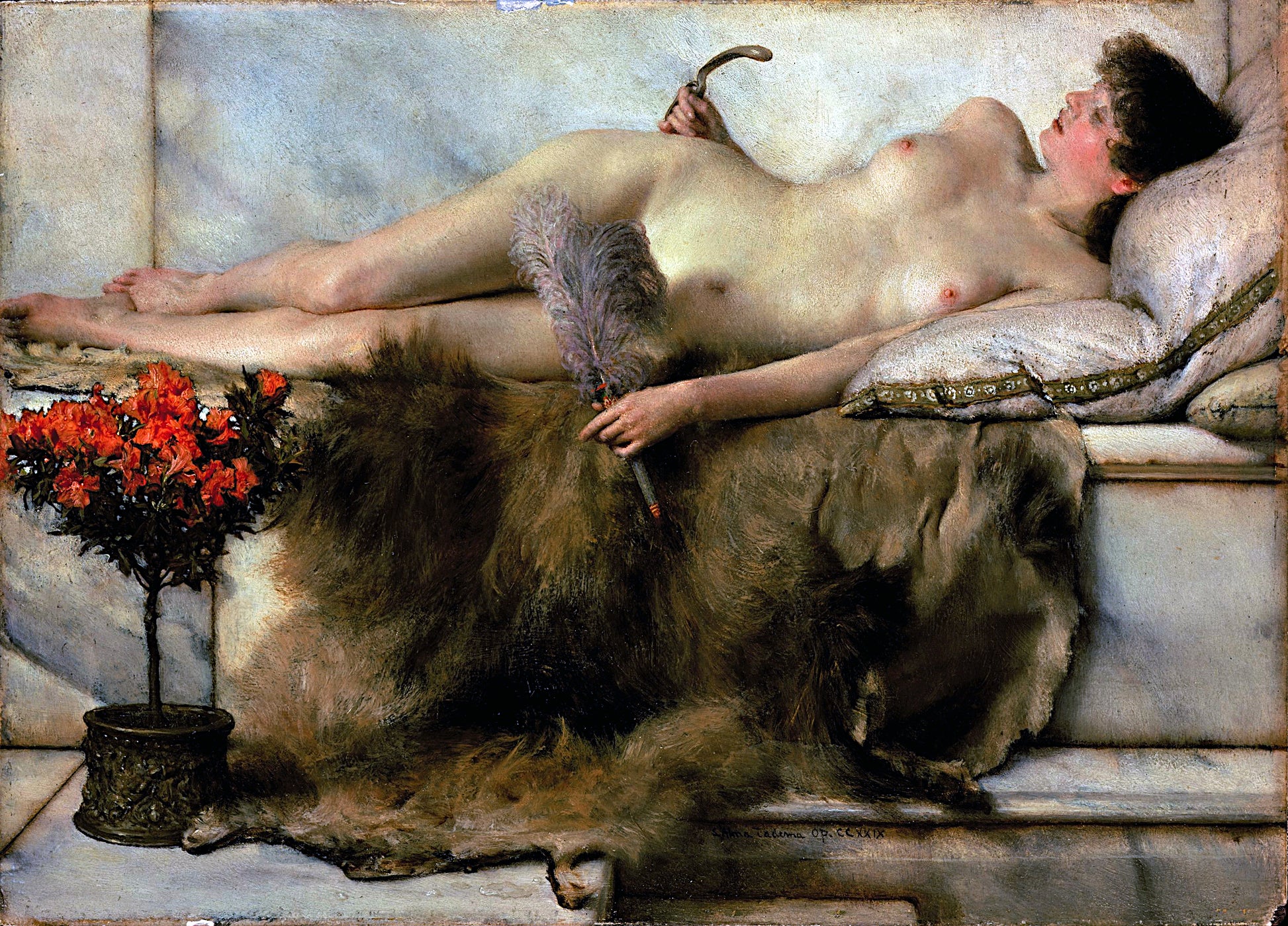 Nude figure lying on a couch with feathers and flowers, classical painting style.