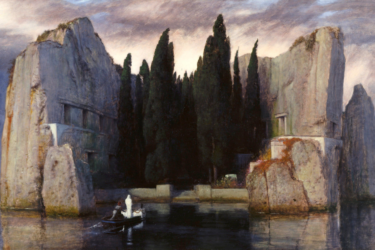 Majestic landscape with classical ruins, cypress trees, and a boat on water.