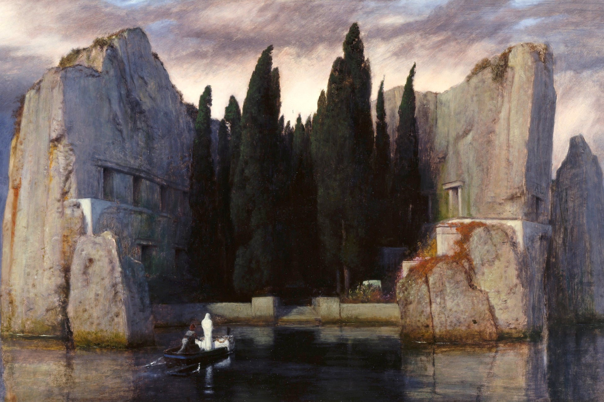 Majestic landscape with classical ruins, cypress trees, and a boat on water.