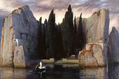 Majestic landscape with classical ruins, cypress trees, and a boat on water.