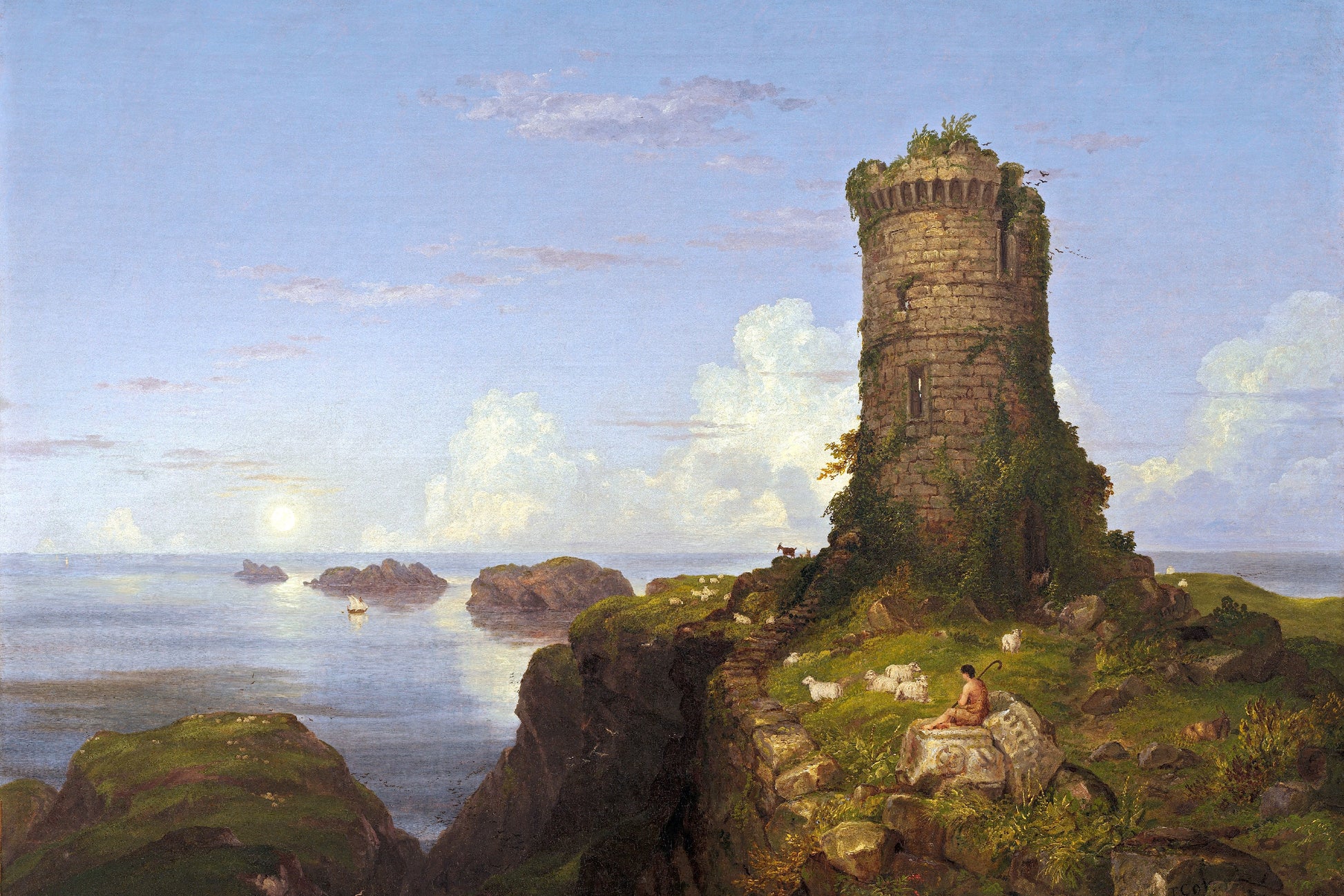 Painting of a tower on a rocky island with sheep and a person sitting on a rock.
