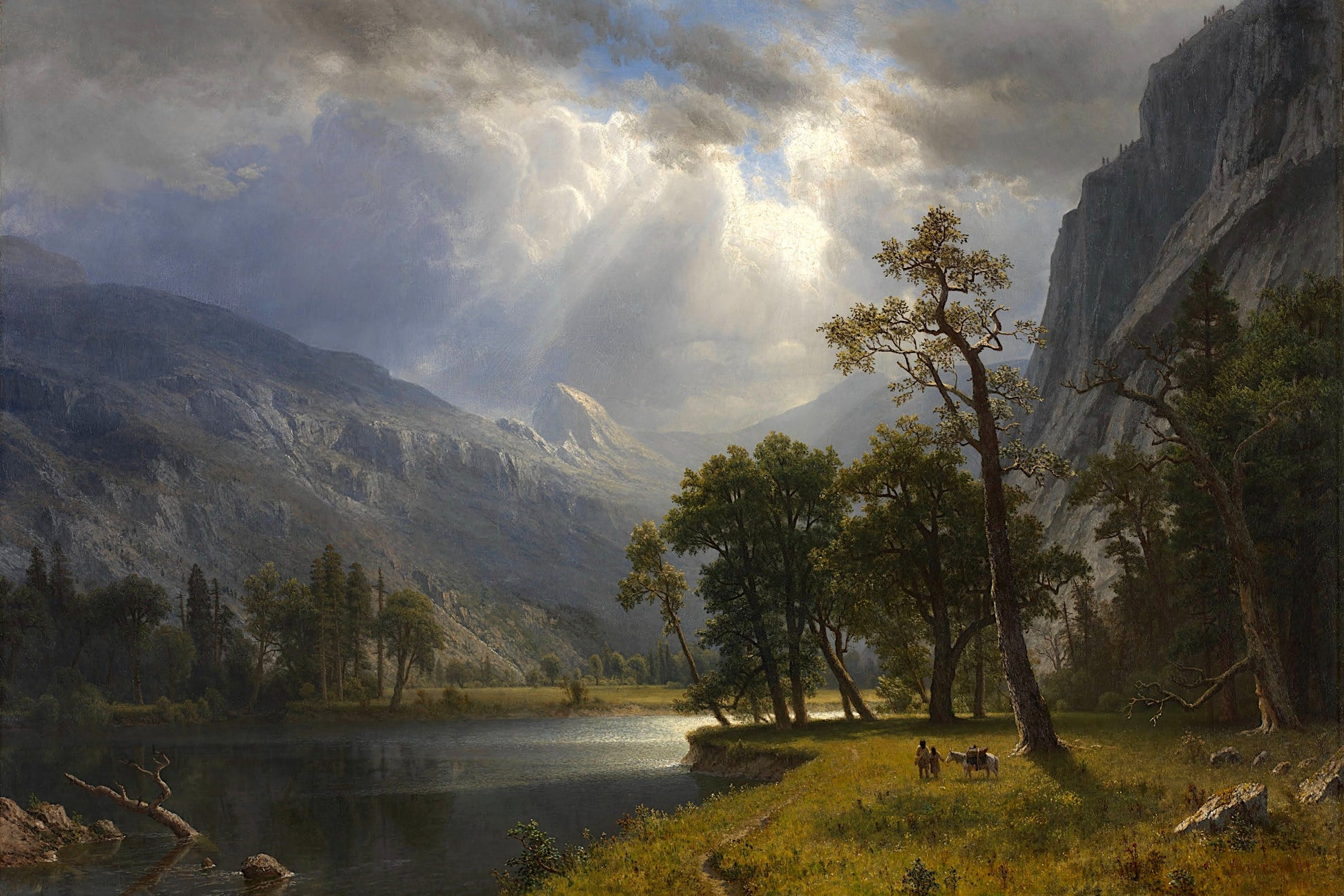 Landscape painting of a mountainous area with trees and a lake, featuring a dramatic sky.