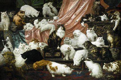 Artistic depiction of numerous cats in a room with furniture and curtains.