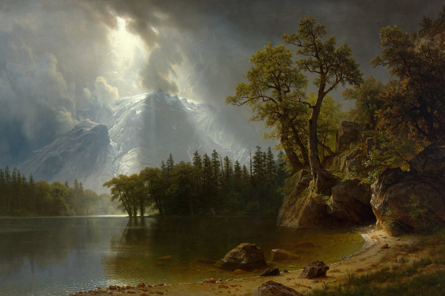 Landscape painting of a mountainous area with a lake and trees.