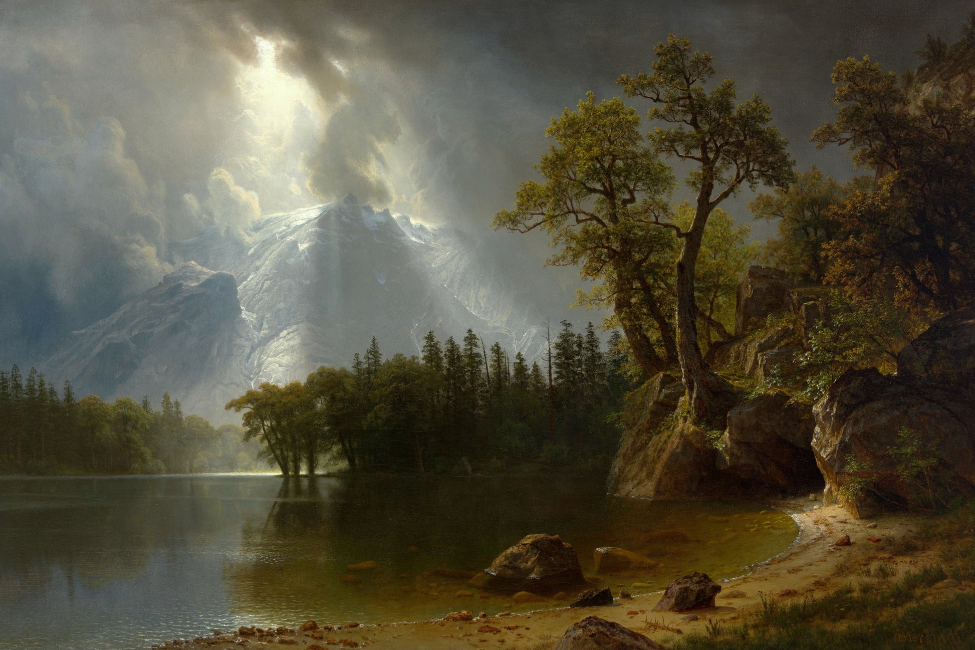 Landscape painting of a mountainous area with a lake and trees.