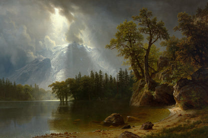 Landscape painting of a mountainous area with a lake and trees.