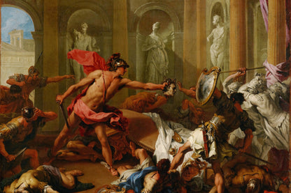 Mural painting depicting a dramatic scene with figures in classical attire, likely from a historical or mythological context.