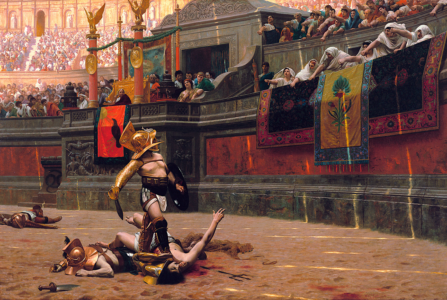 Graffiti-style art of a gladiator fight scene with spectators in an arena.