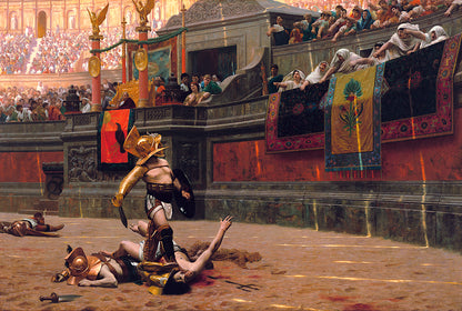 Graffiti-style art of a gladiator fight scene with spectators in an arena.