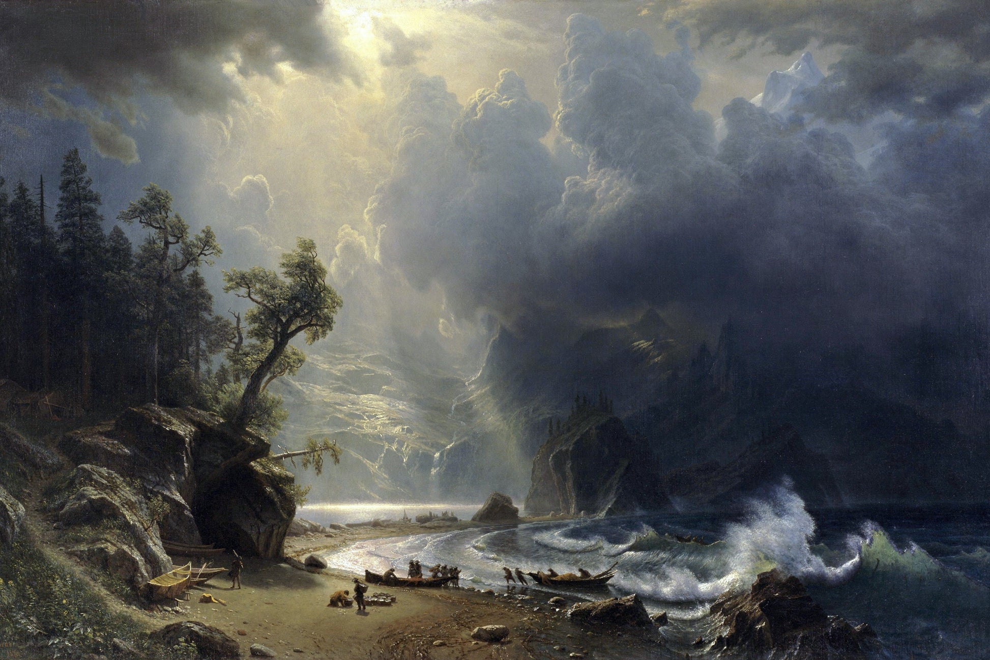 Landscape painting of a stormy sea with rocky coastline and trees.
