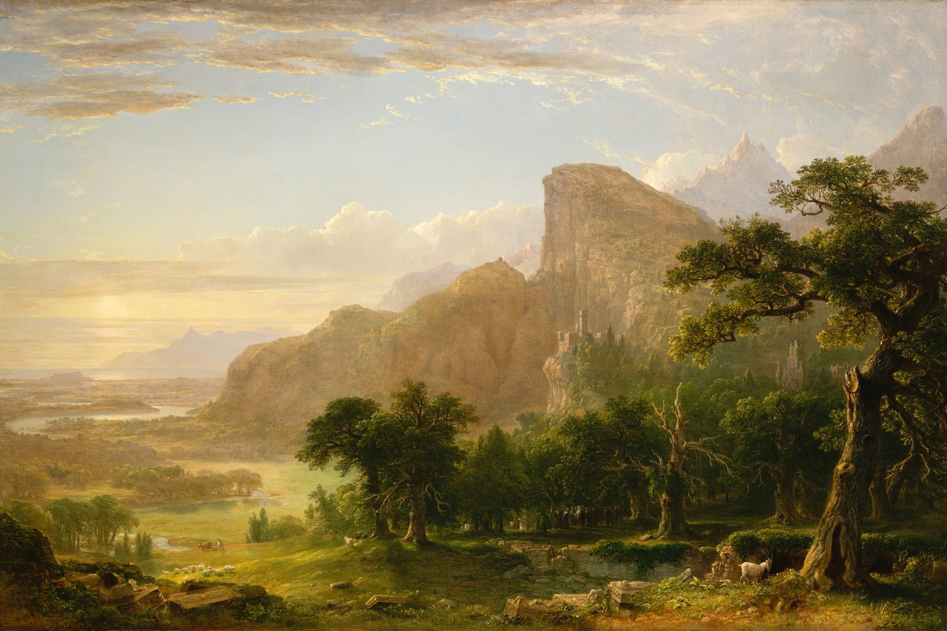 Landscape painting of a mountainous area with trees and a castle-like structure.