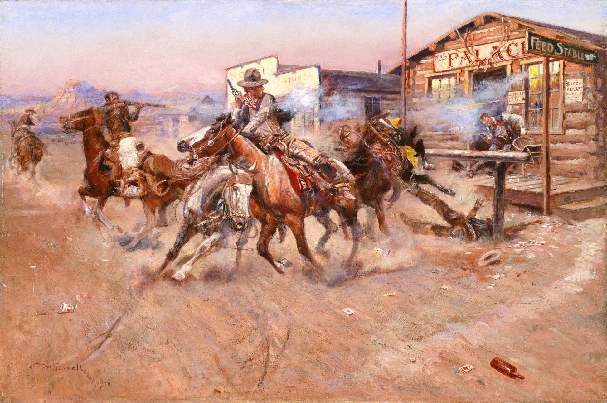 Painting of a cowboy on horseback chasing a steer in a dusty Western town.