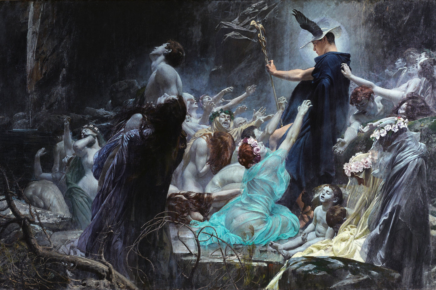 Mystical scene with figures in dark, fantasy attire in a forest setting