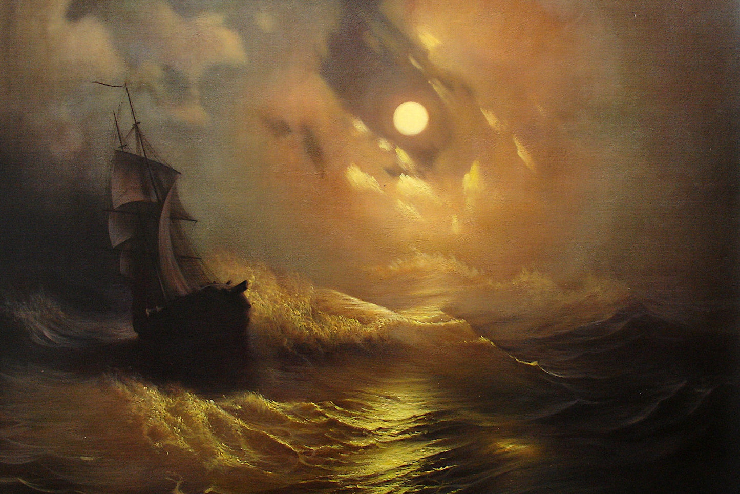 Sailing ship in a stormy sea with a large moon in the sky