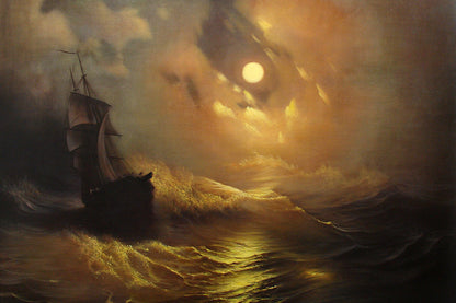 Sailing ship in a stormy sea with a large moon in the sky