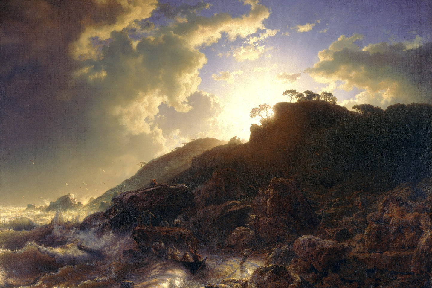 Landscape painting of a rocky coastline with waves and a bright sky.